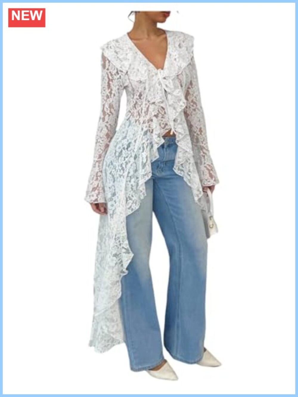Women's Lace Blouse Mesh Tie V Neck Ruffle Asymmetrical Hem Top